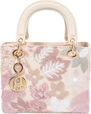 Faux Leather Box Sequin Embroidered Floral Top Handle Bag with Charms for Wedding Party