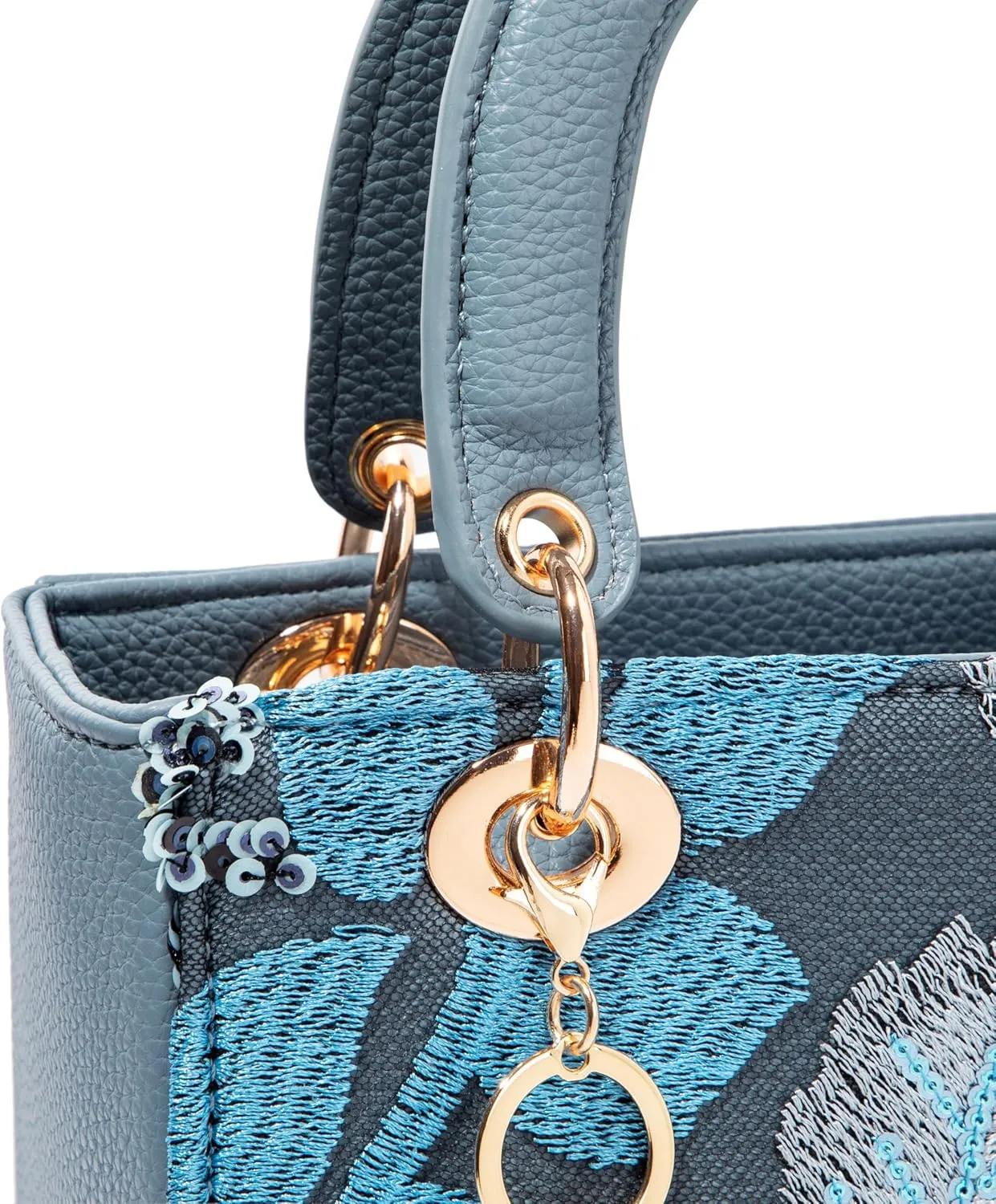 Faux Leather Box Sequin Embroidered Floral Top Handle Bag with Charms for Wedding Party