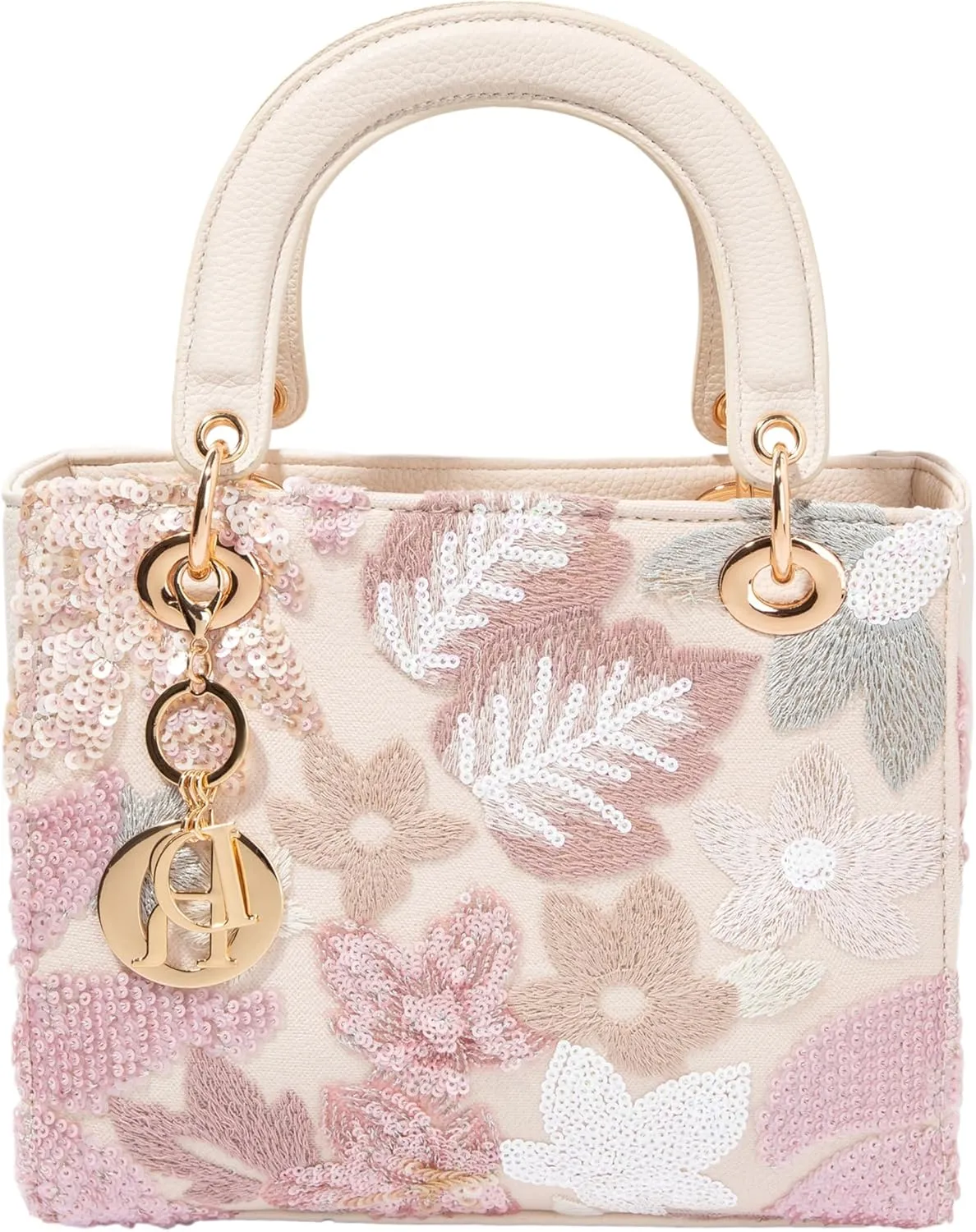 Faux Leather Box Sequin Embroidered Floral Top Handle Bag with Charms for Wedding Party