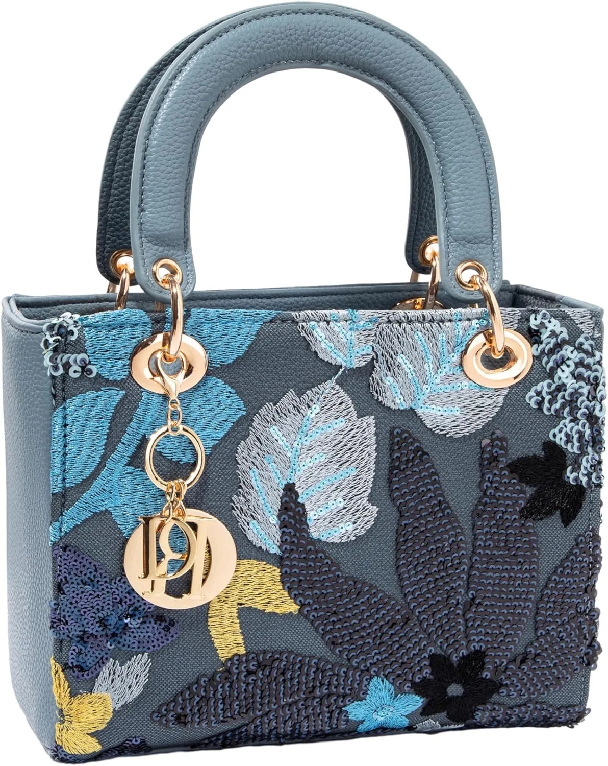 Faux Leather Box Sequin Embroidered Floral Top Handle Bag with Charms for Wedding Party