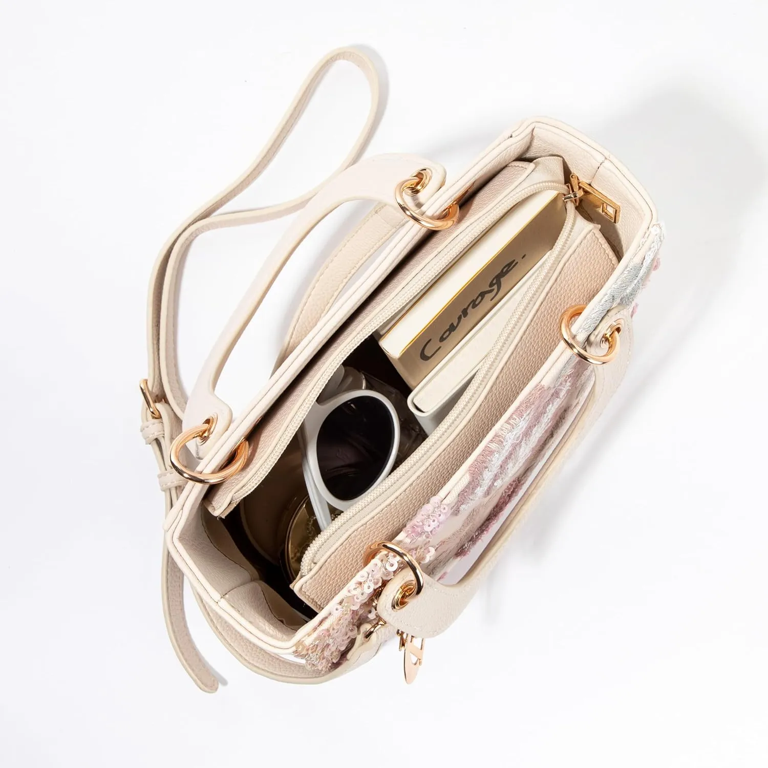 Faux Leather Box Sequin Embroidered Floral Top Handle Bag with Charms for Wedding Party