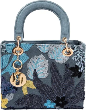 Faux Leather Box Sequin Embroidered Floral Top Handle Bag with Charms for Wedding Party