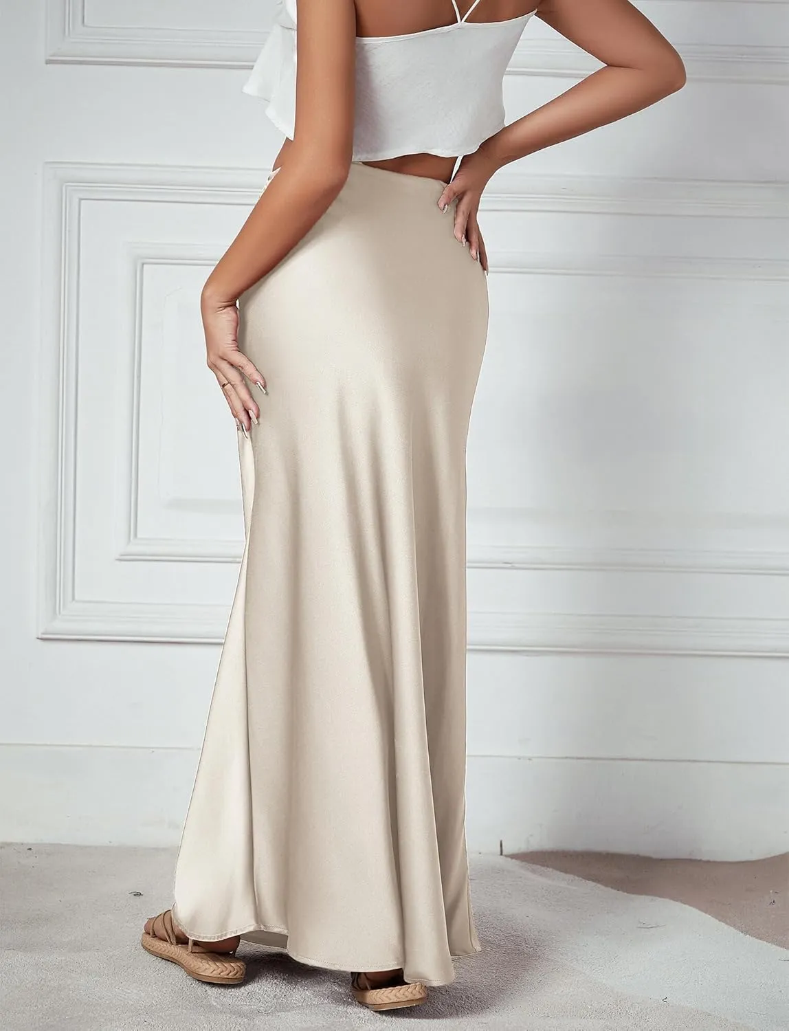 FEOYA Silk Skirt for Women Elegant High Waisted A Line Satin Skirts Midi Bodycon Skirt