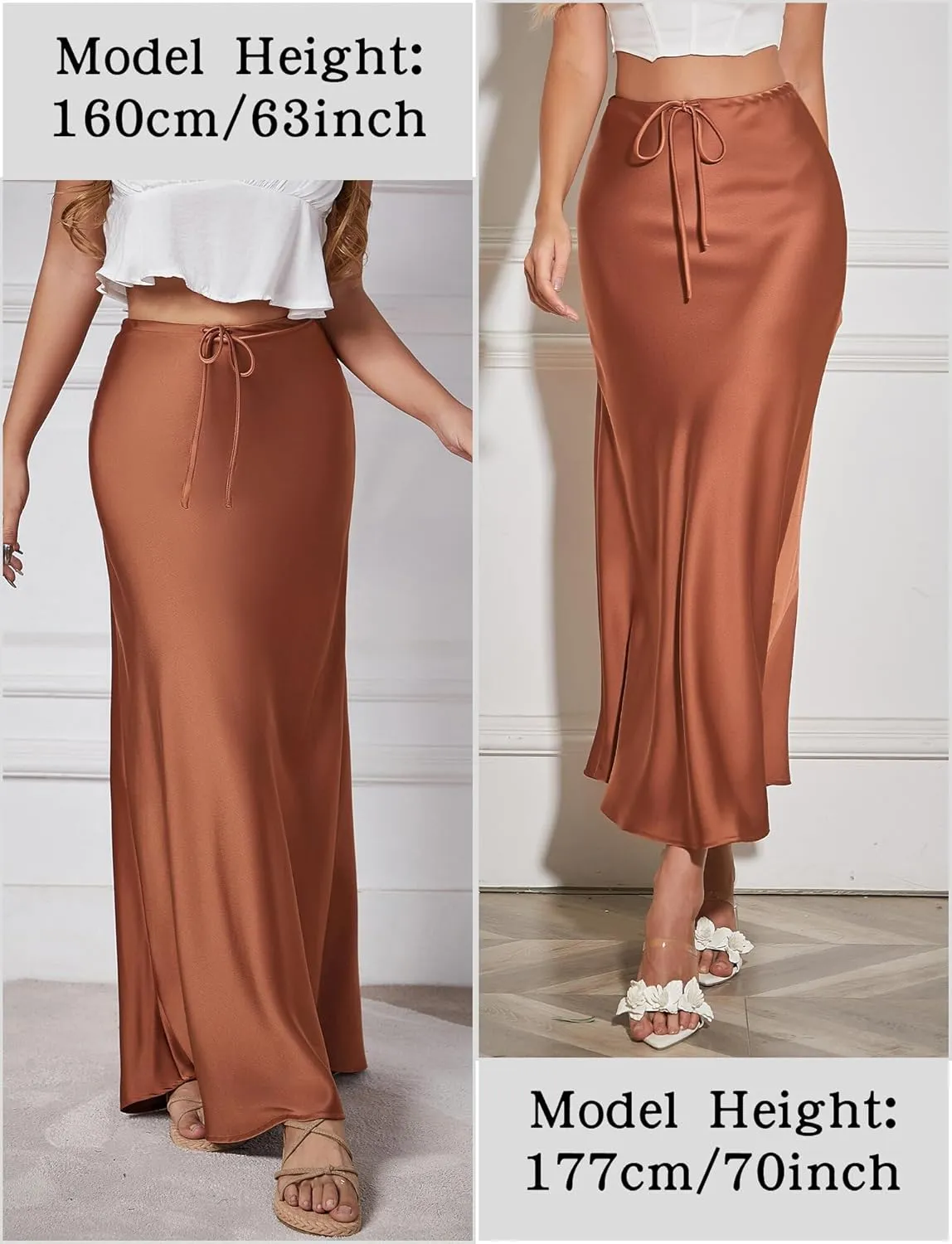 FEOYA Silk Skirt for Women Elegant High Waisted A Line Satin Skirts Midi Bodycon Skirt