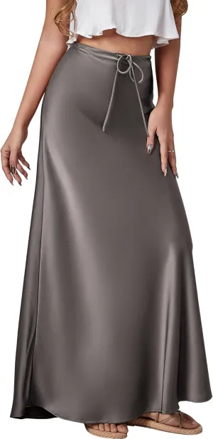 FEOYA Silk Skirt for Women Elegant High Waisted A Line Satin Skirts Midi Bodycon Skirt