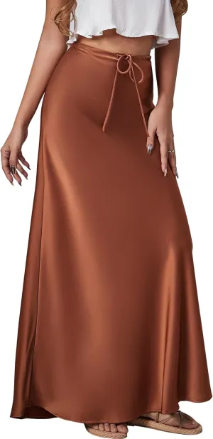 FEOYA Silk Skirt for Women Elegant High Waisted A Line Satin Skirts Midi Bodycon Skirt