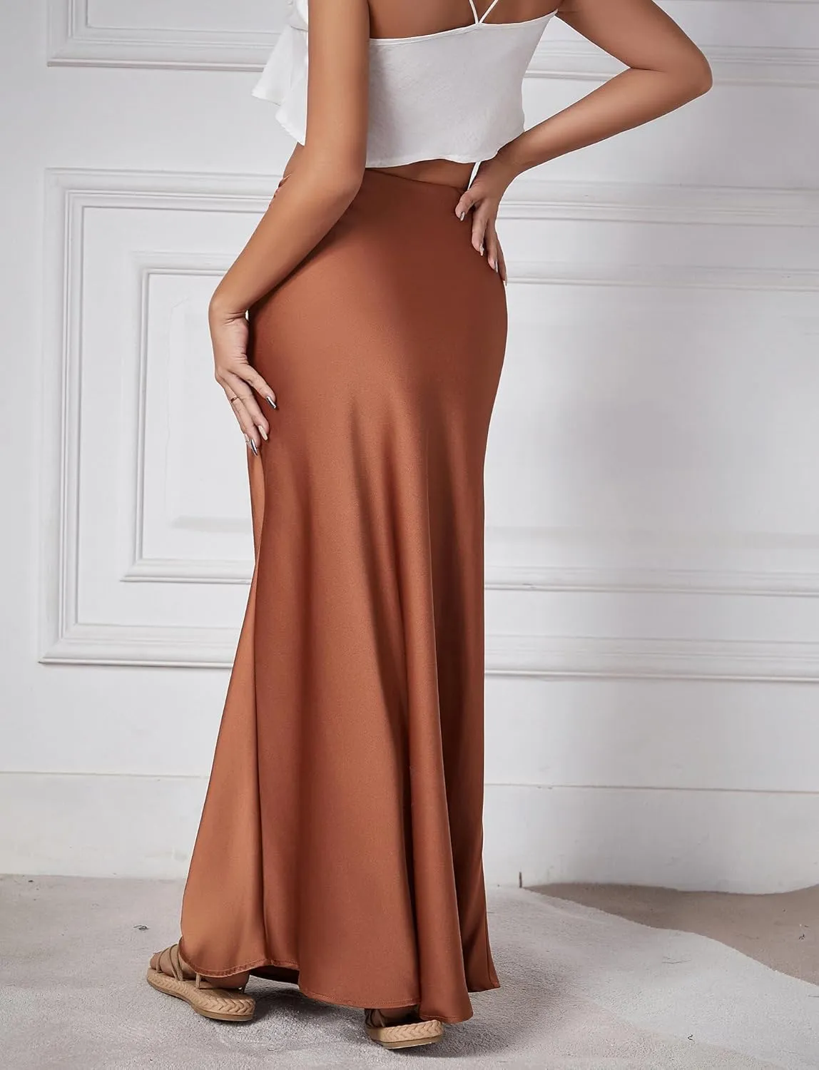 FEOYA Silk Skirt for Women Elegant High Waisted A Line Satin Skirts Midi Bodycon Skirt
