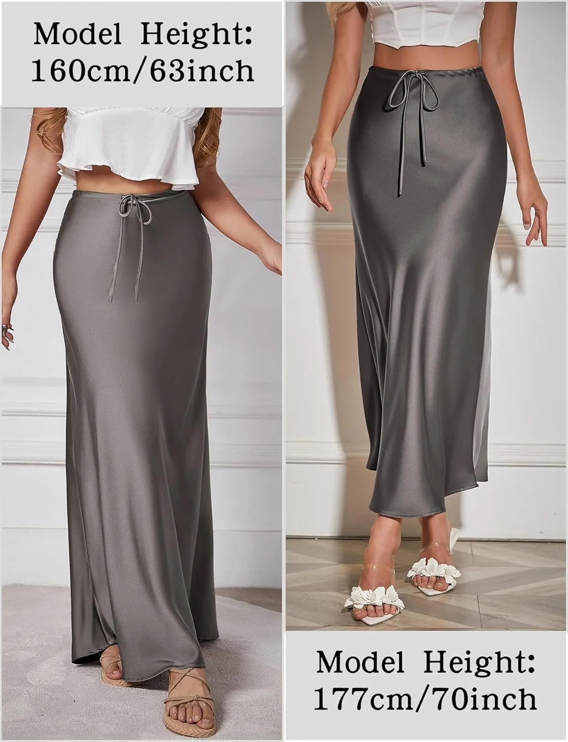 FEOYA Silk Skirt for Women Elegant High Waisted A Line Satin Skirts Midi Bodycon Skirt