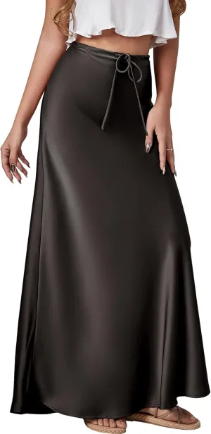 FEOYA Silk Skirt for Women Elegant High Waisted A Line Satin Skirts Midi Bodycon Skirt