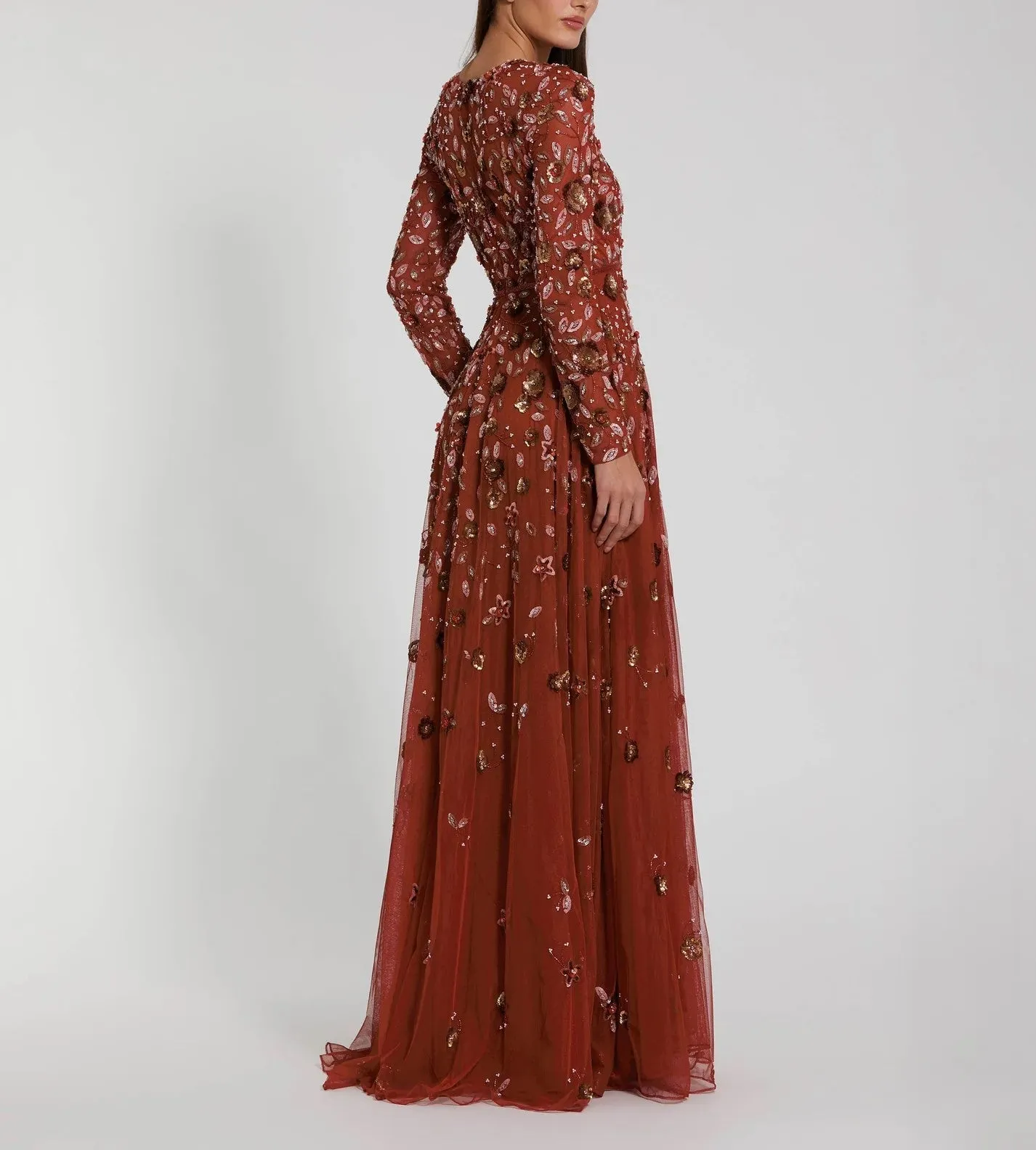 Floral Applique Long Sleeve Red Illusion Gown