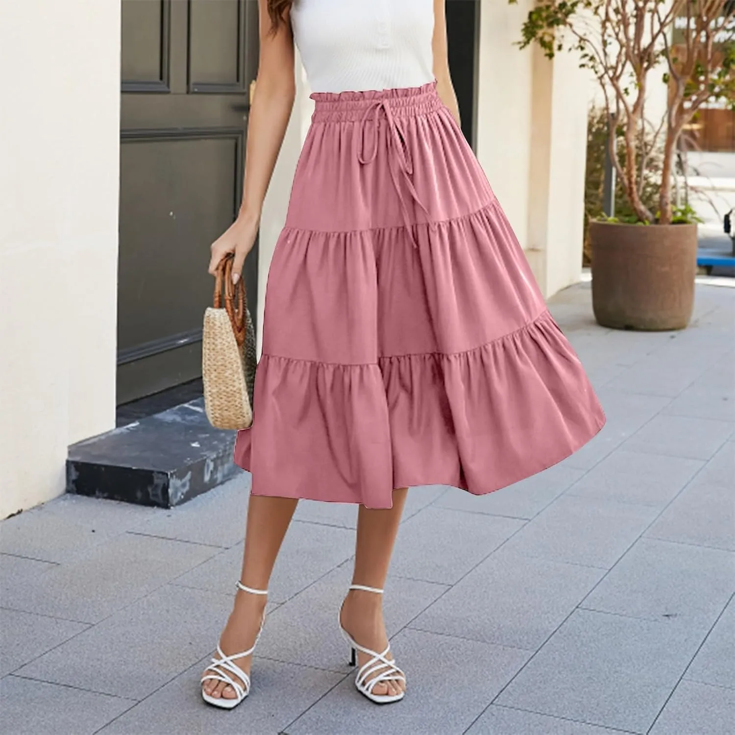 Floral Maxi Skirt for Women Summer Comfy Tiered Elastic High Waisted Skirts Vacation A-Line Flowy Swing Long Skirts