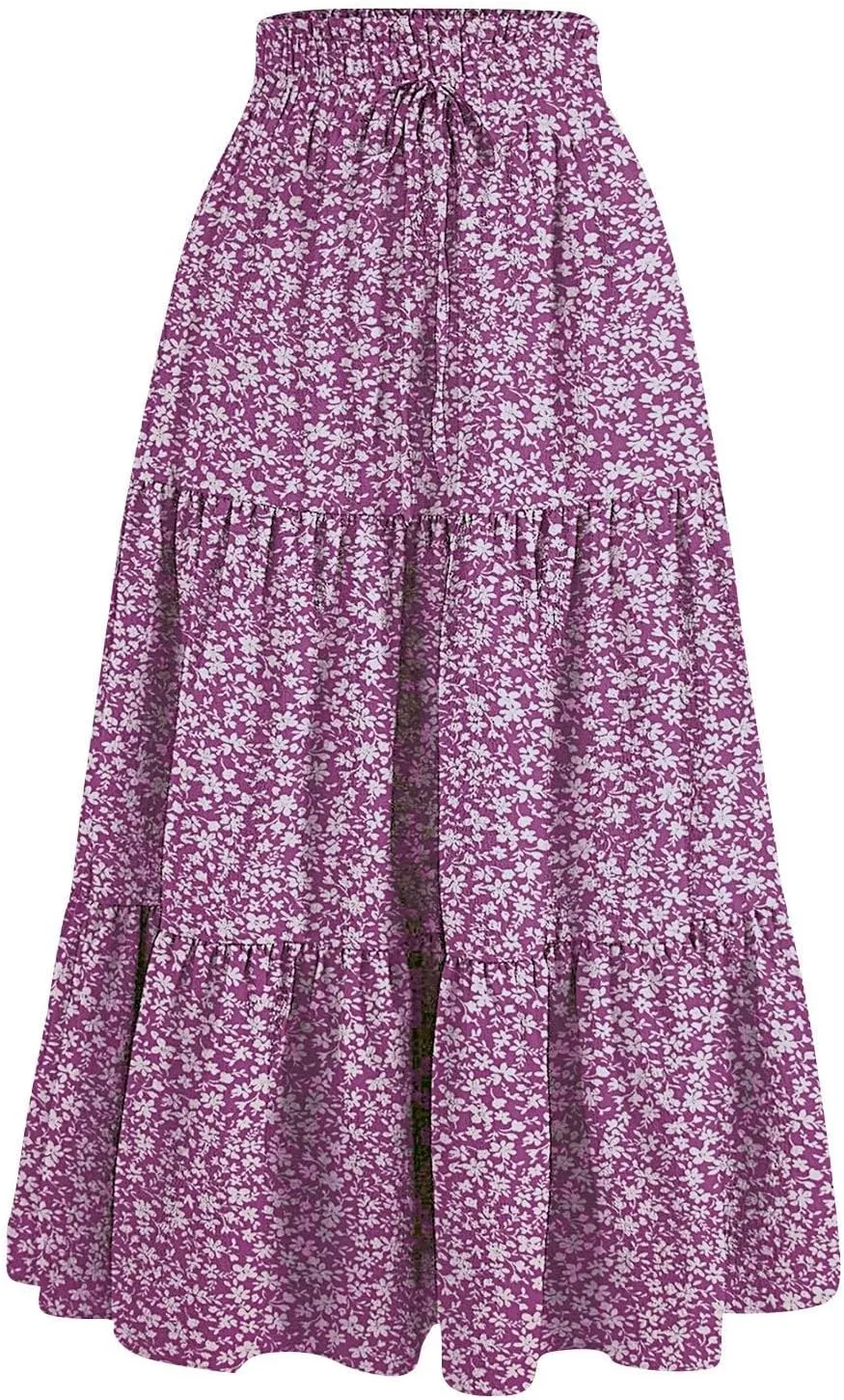 Floral Maxi Skirt for Women Summer Comfy Tiered Elastic High Waisted Skirts Vacation A-Line Flowy Swing Long Skirts