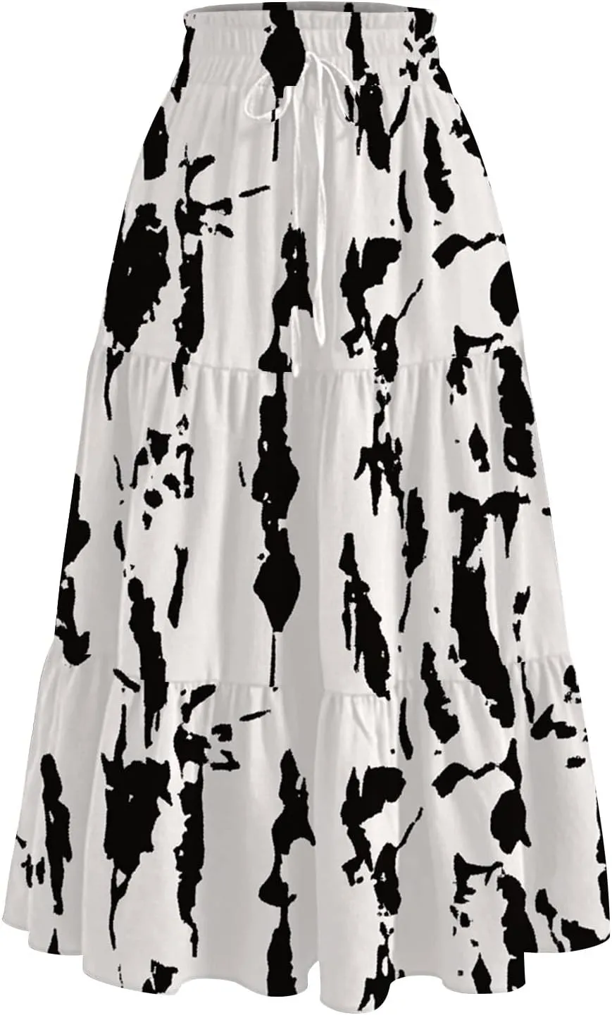 Floral Maxi Skirt for Women Summer Comfy Tiered Elastic High Waisted Skirts Vacation A-Line Flowy Swing Long Skirts