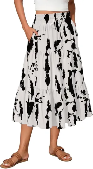 Floral Maxi Skirt for Women Summer Comfy Tiered Elastic High Waisted Skirts Vacation A-Line Flowy Swing Long Skirts