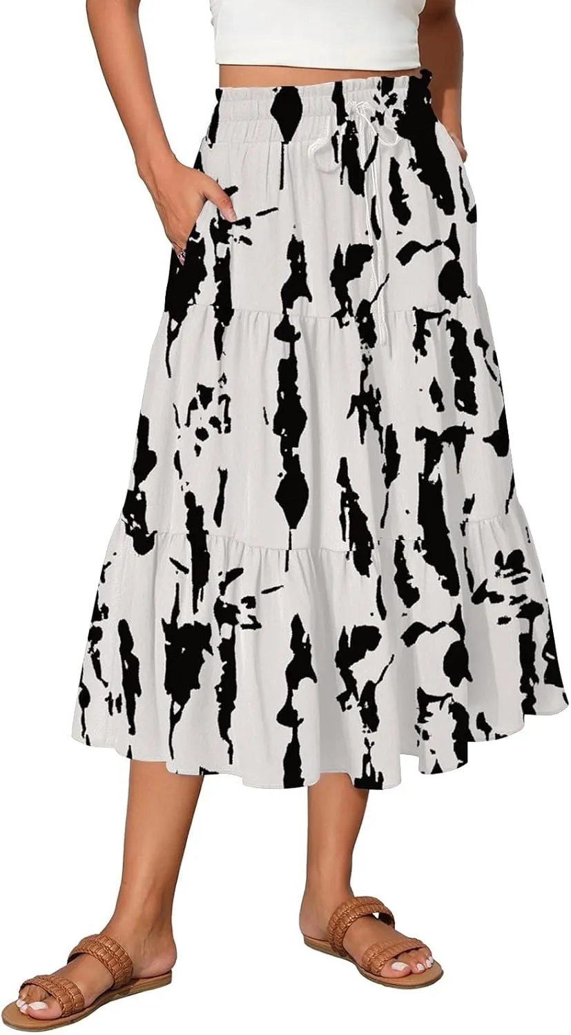 Floral Maxi Skirt for Women Summer Comfy Tiered Elastic High Waisted Skirts Vacation A-Line Flowy Swing Long Skirts