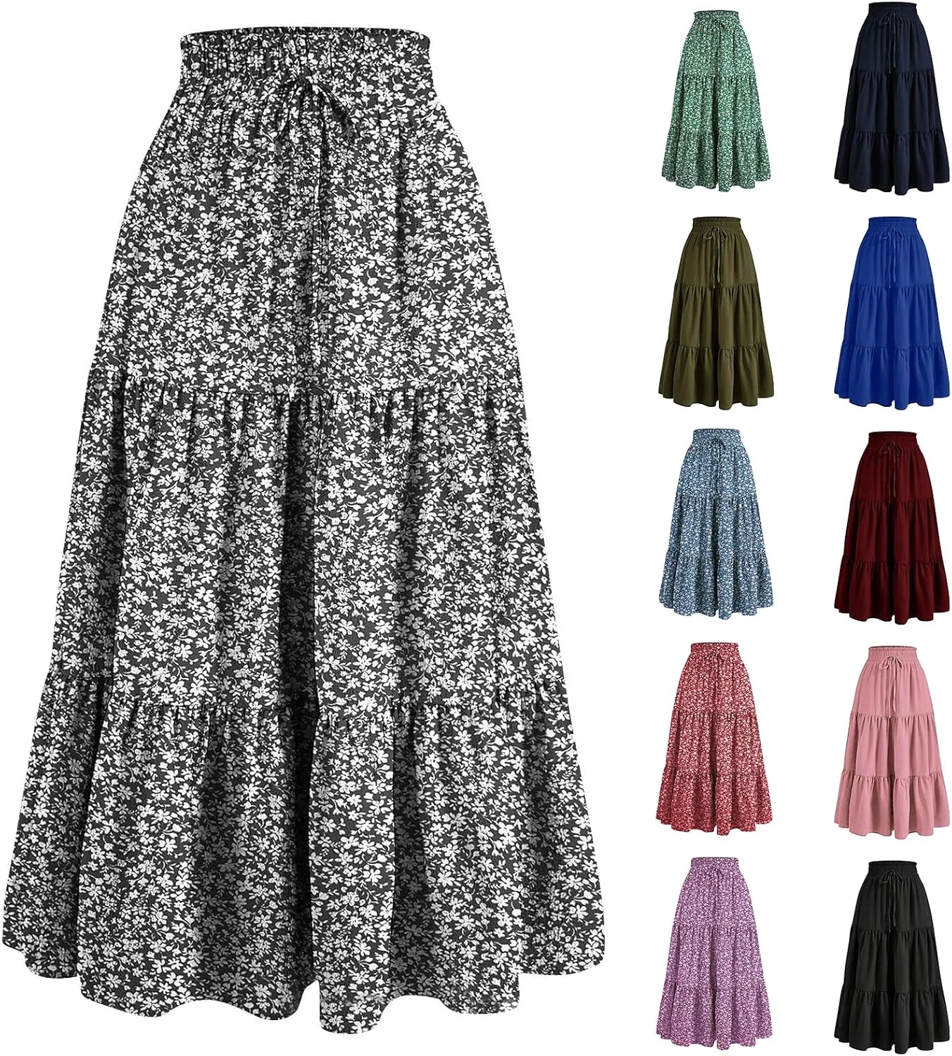 Floral Maxi Skirt for Women Summer Comfy Tiered Elastic High Waisted Skirts Vacation A-Line Flowy Swing Long Skirts
