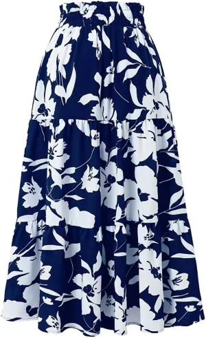 Floral Maxi Skirt for Women Summer Comfy Tiered Elastic High Waisted Skirts Vacation A-Line Flowy Swing Long Skirts