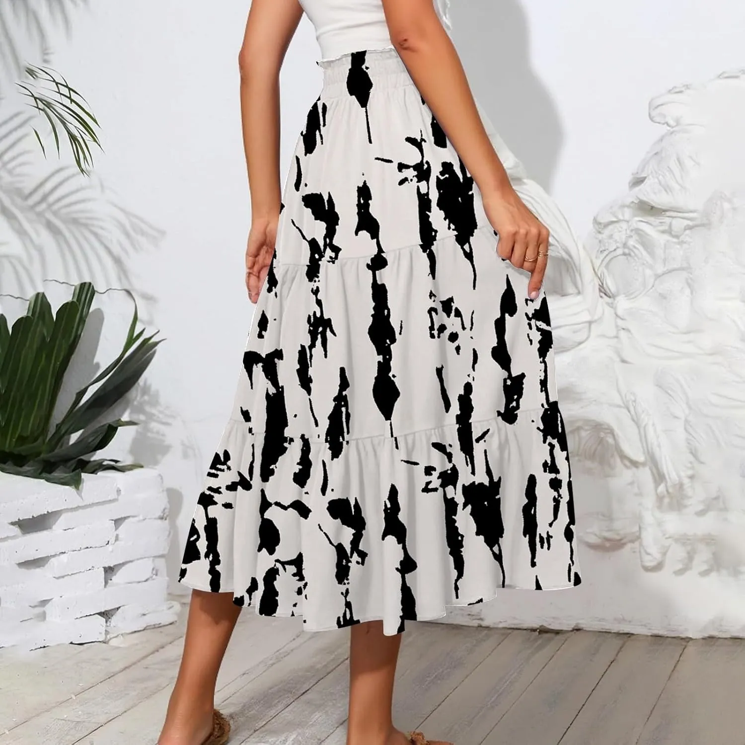Floral Maxi Skirt for Women Summer Comfy Tiered Elastic High Waisted Skirts Vacation A-Line Flowy Swing Long Skirts