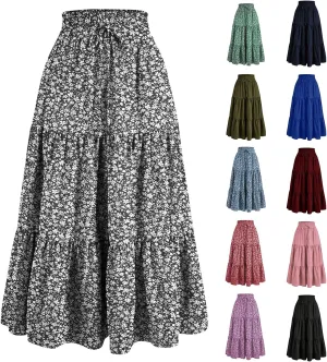 Floral Maxi Skirt for Women Summer Comfy Tiered Elastic High Waisted Skirts Vacation A-Line Flowy Swing Long Skirts