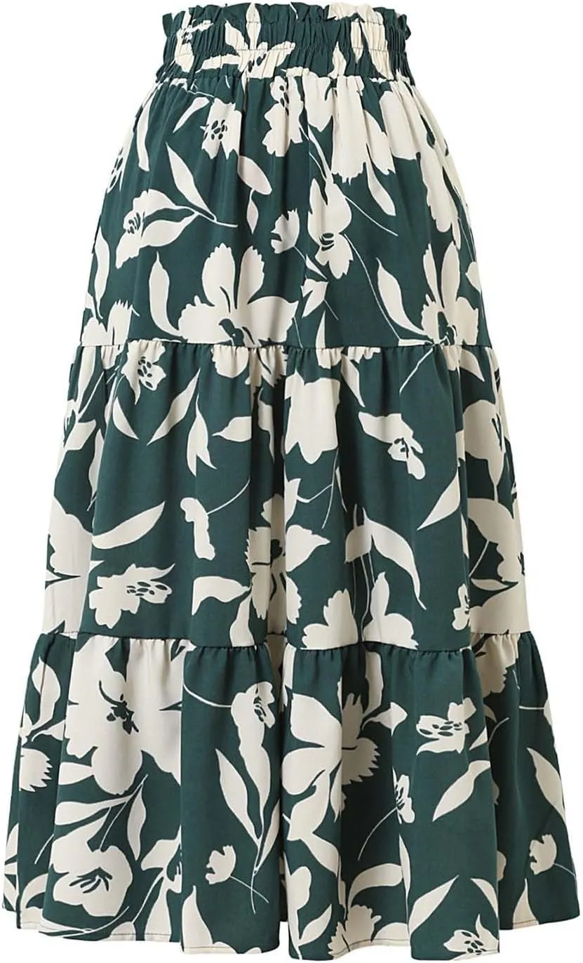 Floral Maxi Skirt for Women Summer Comfy Tiered Elastic High Waisted Skirts Vacation A-Line Flowy Swing Long Skirts