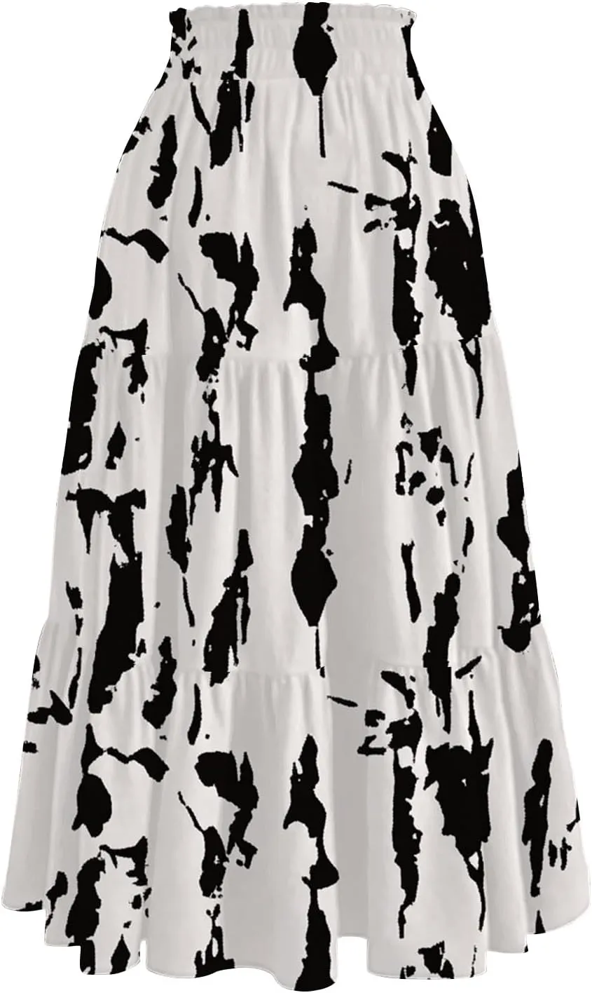 Floral Maxi Skirt for Women Summer Comfy Tiered Elastic High Waisted Skirts Vacation A-Line Flowy Swing Long Skirts