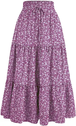 Floral Maxi Skirt for Women Summer Comfy Tiered Elastic High Waisted Skirts Vacation A-Line Flowy Swing Long Skirts