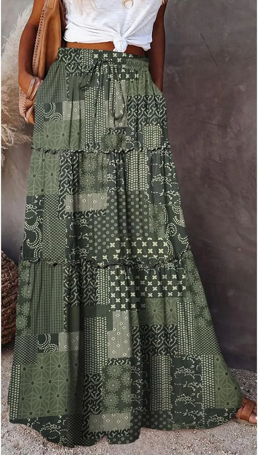 Floral Maxi Skirts for Women 2025 High Waist Pleated A-Line Long Summer Skirt