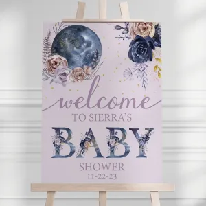 Floral Moon Purple Baby Shower Welcome Sign