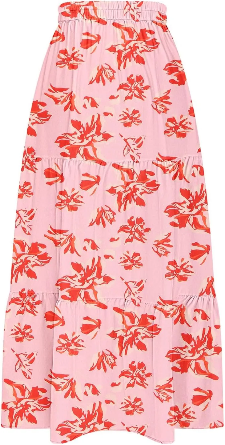 Flowy Maxi Skirts for Women A Line Boho Skirt with Split Tiered Midi Skirt High Waisted Long Skirt Floral Skirts