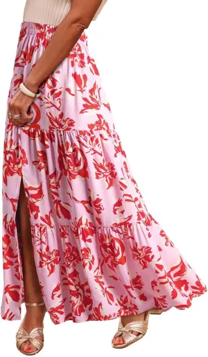 Flowy Maxi Skirts for Women A Line Boho Skirt with Split Tiered Midi Skirt High Waisted Long Skirt Floral Skirts
