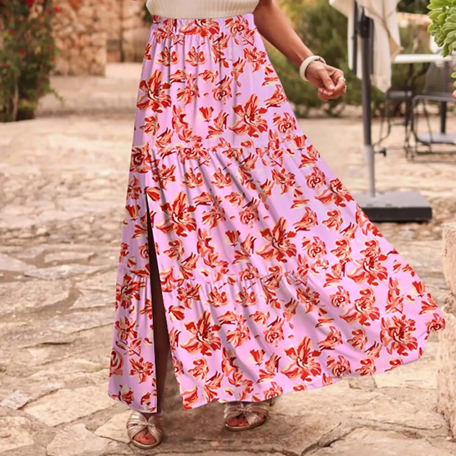 Flowy Maxi Skirts for Women A Line Boho Skirt with Split Tiered Midi Skirt High Waisted Long Skirt Floral Skirts