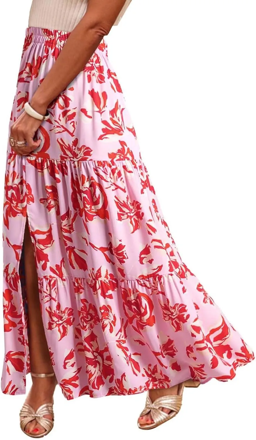 Flowy Maxi Skirts for Women A Line Boho Skirt with Split Tiered Midi Skirt High Waisted Long Skirt Floral Skirts