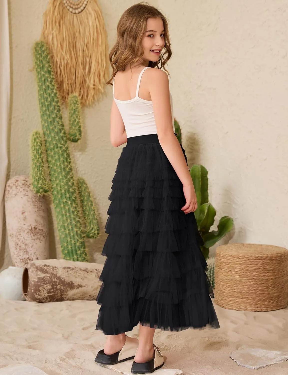 Flygo Tulle Skirts for Girls Long Tutu Skirt A Line Layered Ruffle Tiered Mesh Maxi Skirt Petticoat 5-14 Years