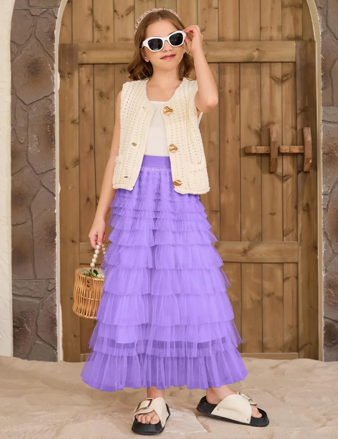 Flygo Tulle Skirts for Girls Long Tutu Skirt A Line Layered Ruffle Tiered Mesh Maxi Skirt Petticoat 5-14 Years