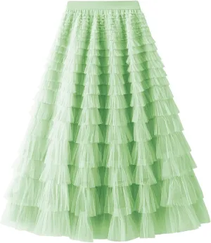 Flygo Tulle Skirts for Girls Long Tutu Skirt A Line Layered Ruffle Tiered Mesh Maxi Skirt Petticoat 5-14 Years