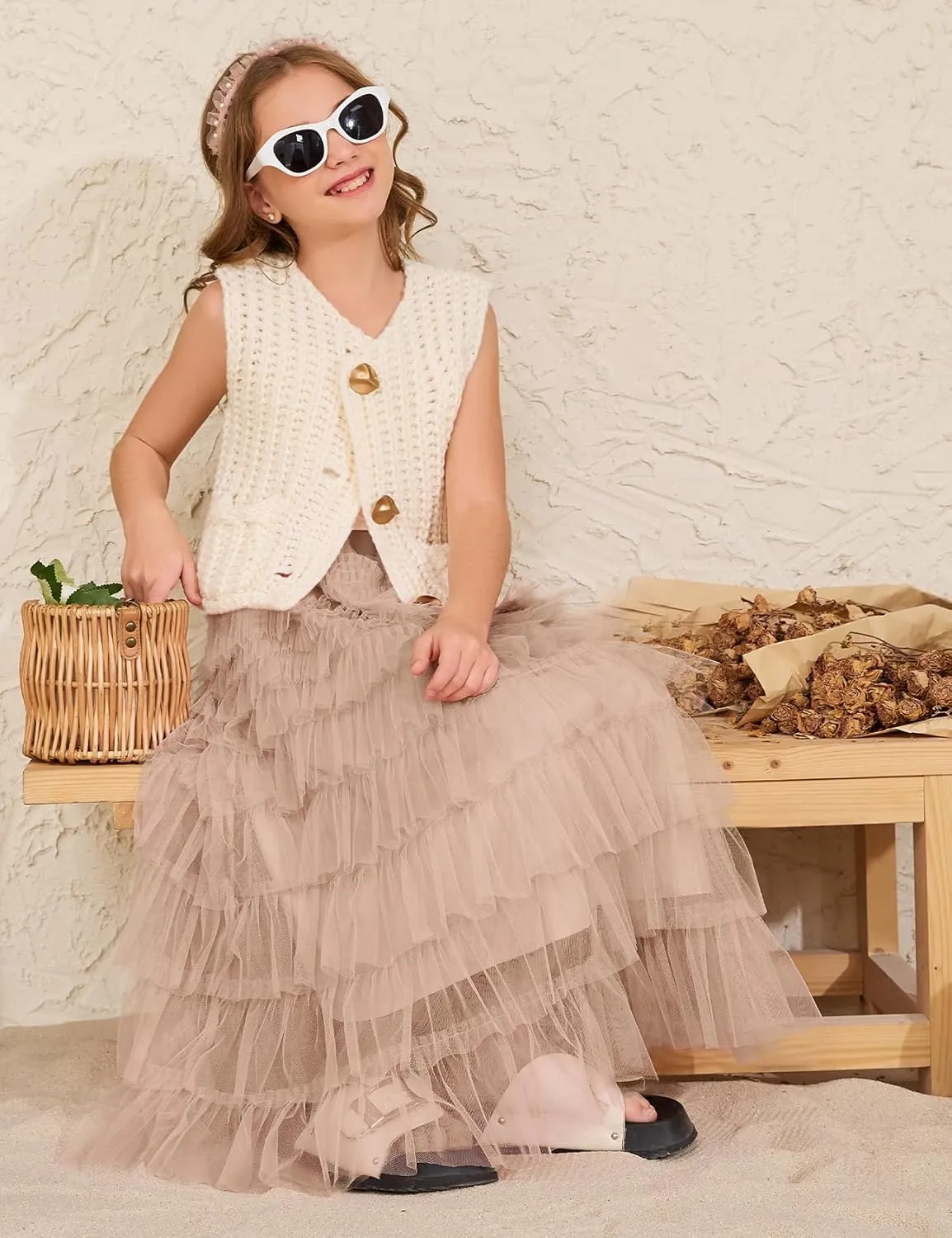 Flygo Tulle Skirts for Girls Long Tutu Skirt A Line Layered Ruffle Tiered Mesh Maxi Skirt Petticoat 5-14 Years