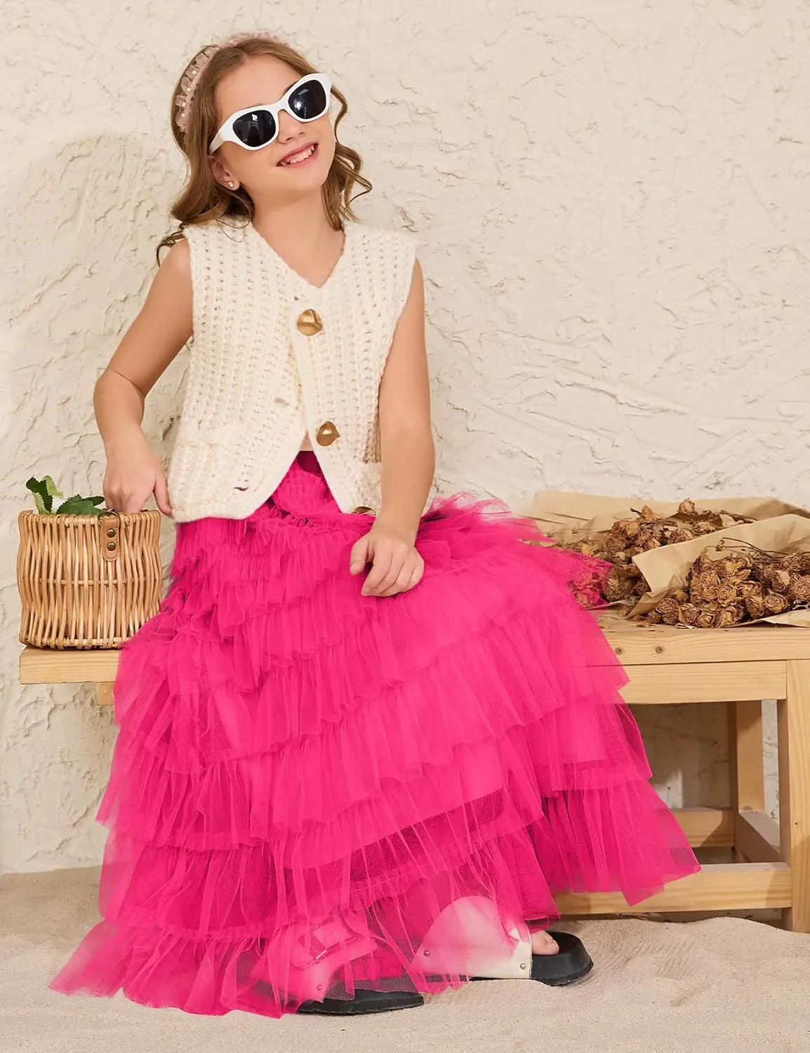 Flygo Tulle Skirts for Girls Long Tutu Skirt A Line Layered Ruffle Tiered Mesh Maxi Skirt Petticoat 5-14 Years