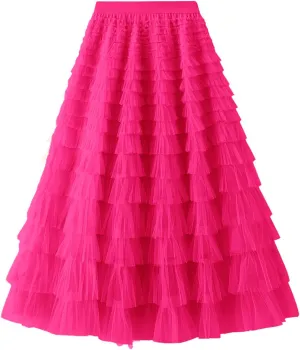 Flygo Tulle Skirts for Girls Long Tutu Skirt A Line Layered Ruffle Tiered Mesh Maxi Skirt Petticoat 5-14 Years