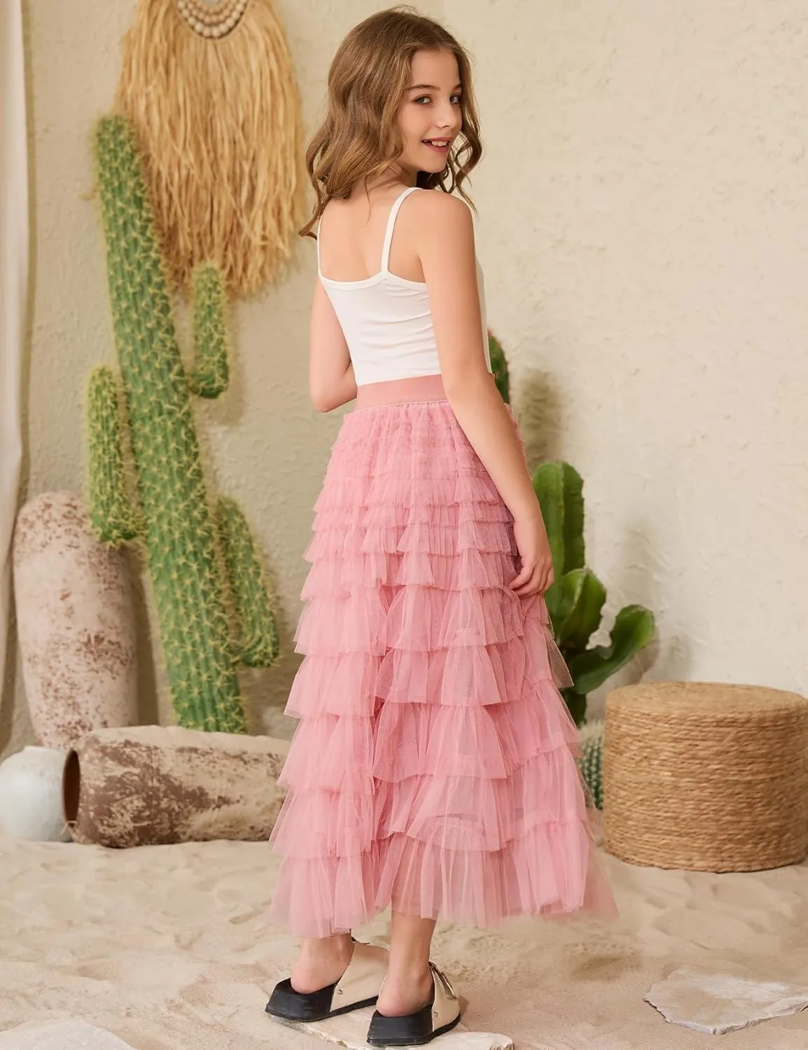 Flygo Tulle Skirts for Girls Long Tutu Skirt A Line Layered Ruffle Tiered Mesh Maxi Skirt Petticoat 5-14 Years