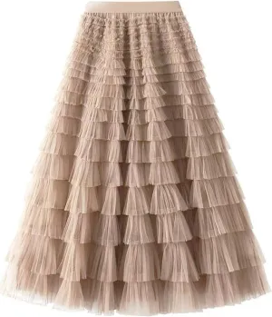 Flygo Tulle Skirts for Girls Long Tutu Skirt A Line Layered Ruffle Tiered Mesh Maxi Skirt Petticoat 5-14 Years