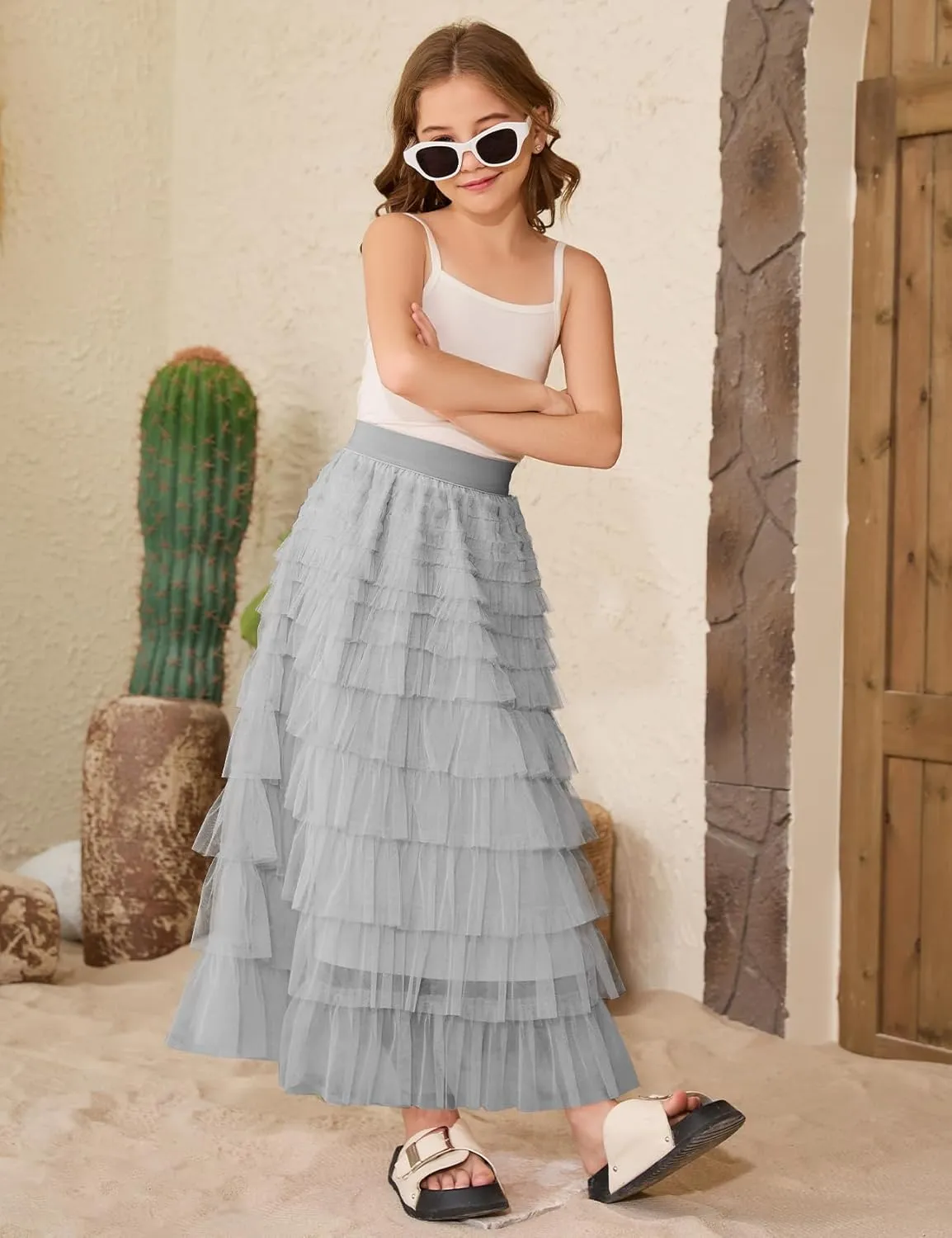 Flygo Tulle Skirts for Girls Long Tutu Skirt A Line Layered Ruffle Tiered Mesh Maxi Skirt Petticoat 5-14 Years