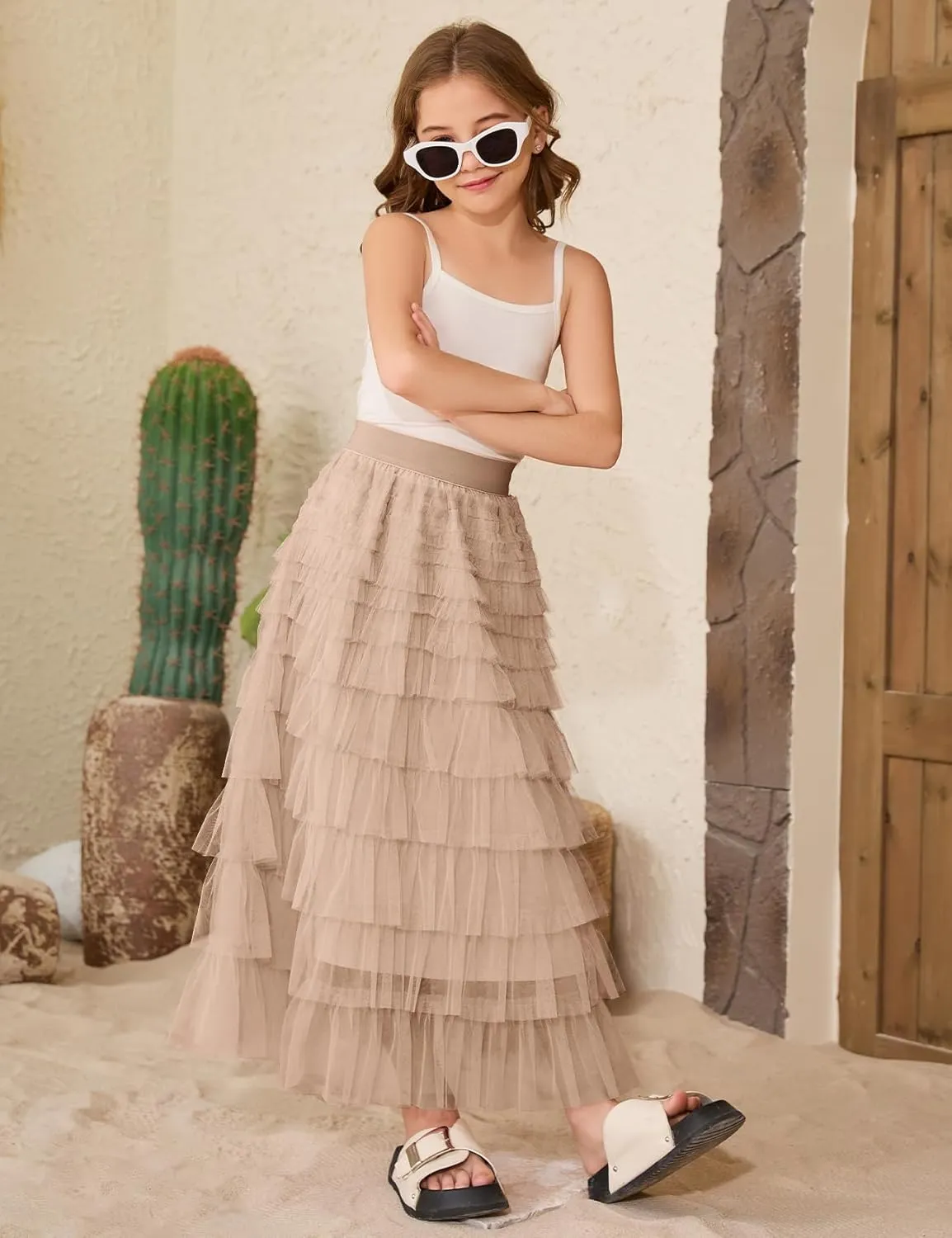 Flygo Tulle Skirts for Girls Long Tutu Skirt A Line Layered Ruffle Tiered Mesh Maxi Skirt Petticoat 5-14 Years