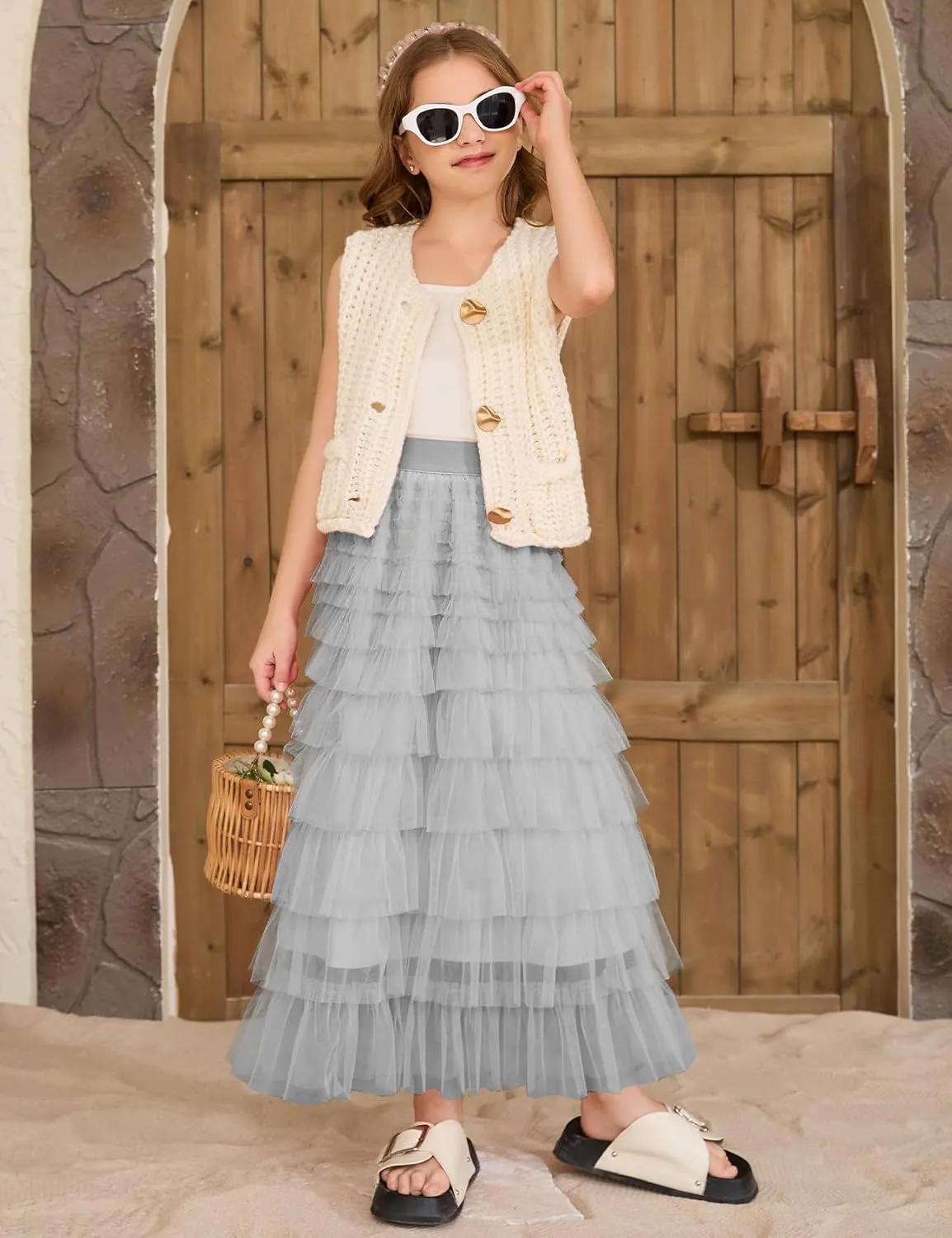 Flygo Tulle Skirts for Girls Long Tutu Skirt A Line Layered Ruffle Tiered Mesh Maxi Skirt Petticoat 5-14 Years