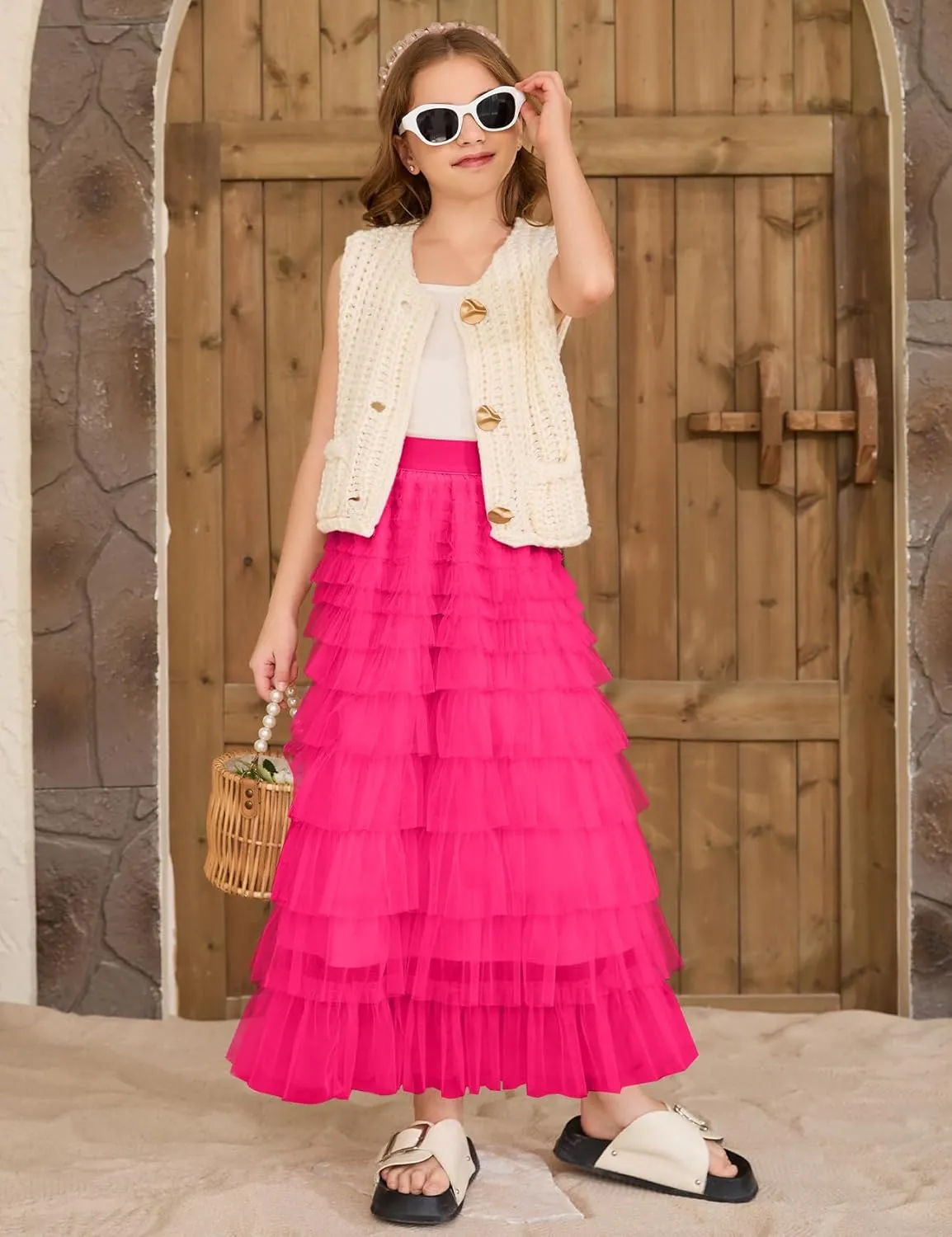 Flygo Tulle Skirts for Girls Long Tutu Skirt A Line Layered Ruffle Tiered Mesh Maxi Skirt Petticoat 5-14 Years