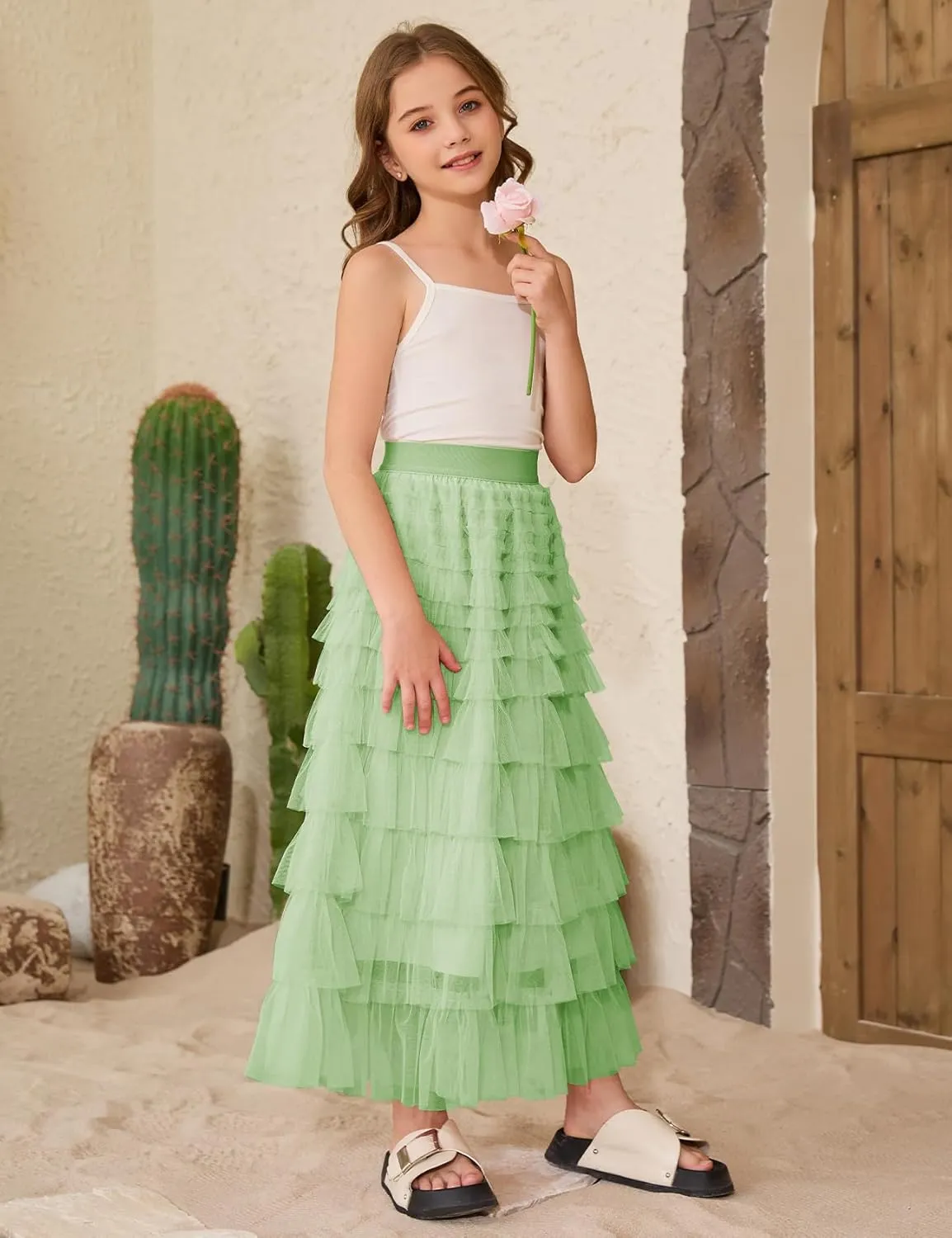 Flygo Tulle Skirts for Girls Long Tutu Skirt A Line Layered Ruffle Tiered Mesh Maxi Skirt Petticoat 5-14 Years