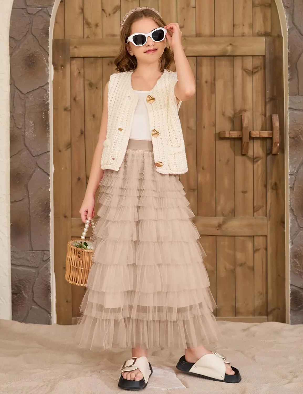 Flygo Tulle Skirts for Girls Long Tutu Skirt A Line Layered Ruffle Tiered Mesh Maxi Skirt Petticoat 5-14 Years
