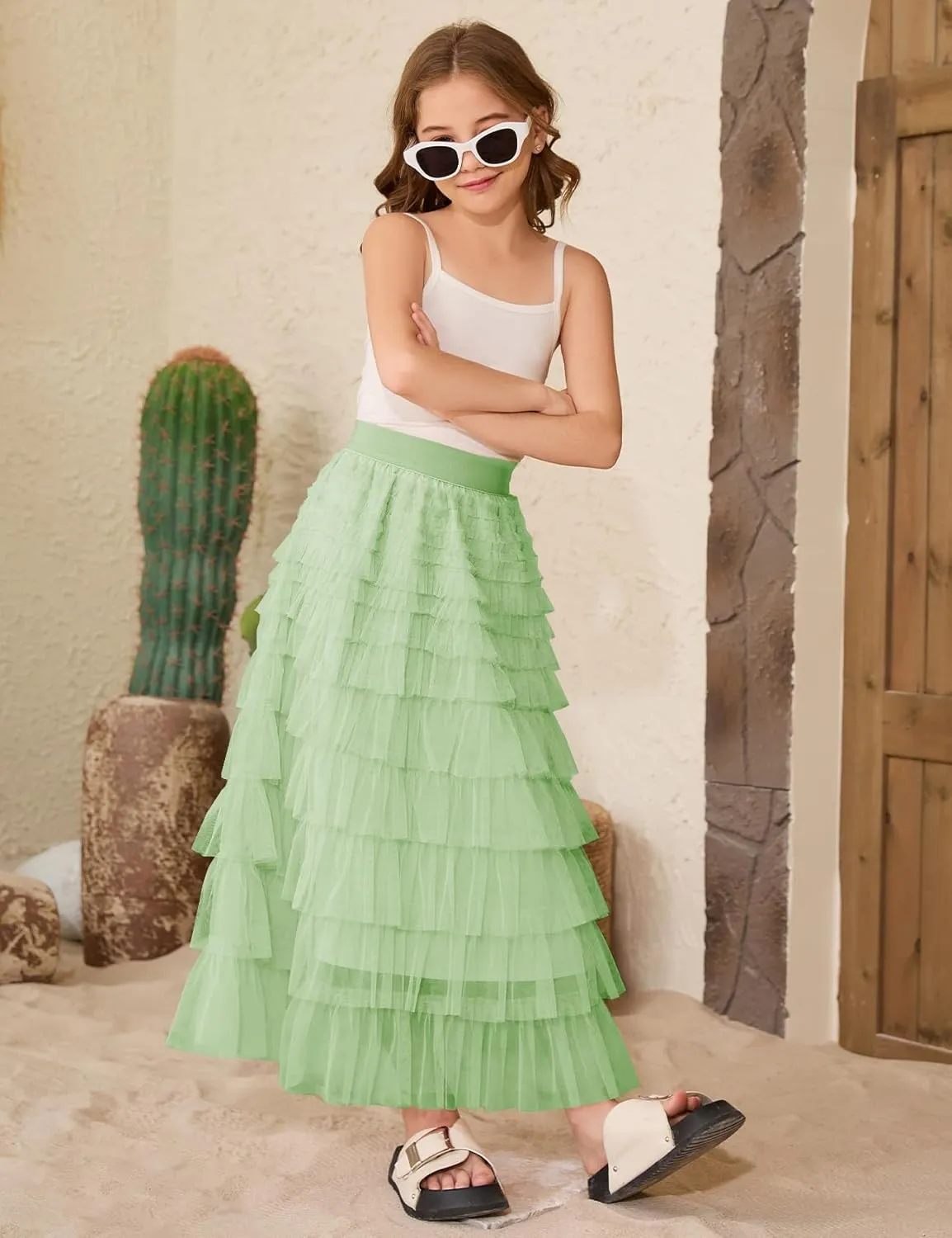 Flygo Tulle Skirts for Girls Long Tutu Skirt A Line Layered Ruffle Tiered Mesh Maxi Skirt Petticoat 5-14 Years