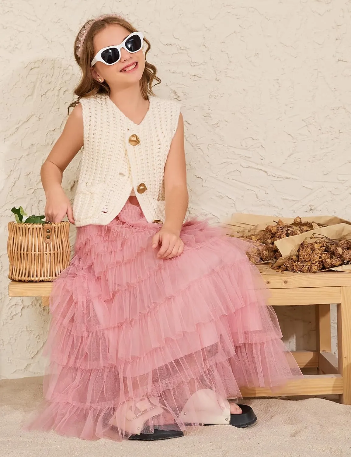 Flygo Tulle Skirts for Girls Long Tutu Skirt A Line Layered Ruffle Tiered Mesh Maxi Skirt Petticoat 5-14 Years