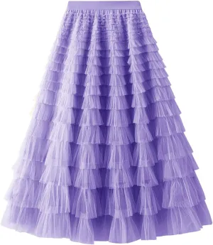 Flygo Tulle Skirts for Girls Long Tutu Skirt A Line Layered Ruffle Tiered Mesh Maxi Skirt Petticoat 5-14 Years