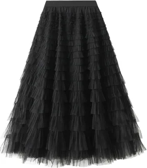 Flygo Tulle Skirts for Girls Long Tutu Skirt A Line Layered Ruffle Tiered Mesh Maxi Skirt Petticoat 5-14 Years